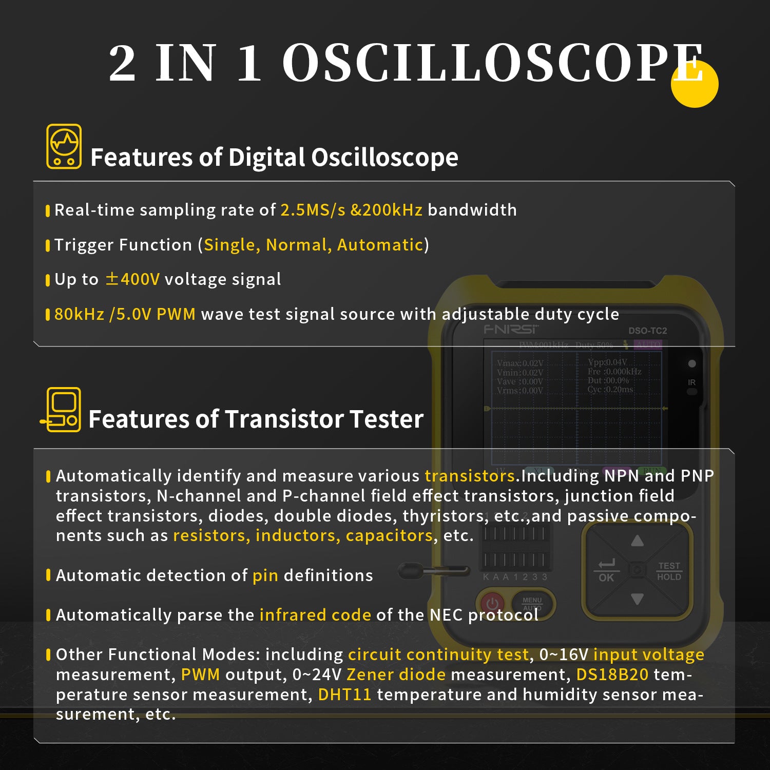 FNIRSI handheld digital oscilloscope LCR meter two-in-one DSO-TC2 portable electronic DIY testing teaching